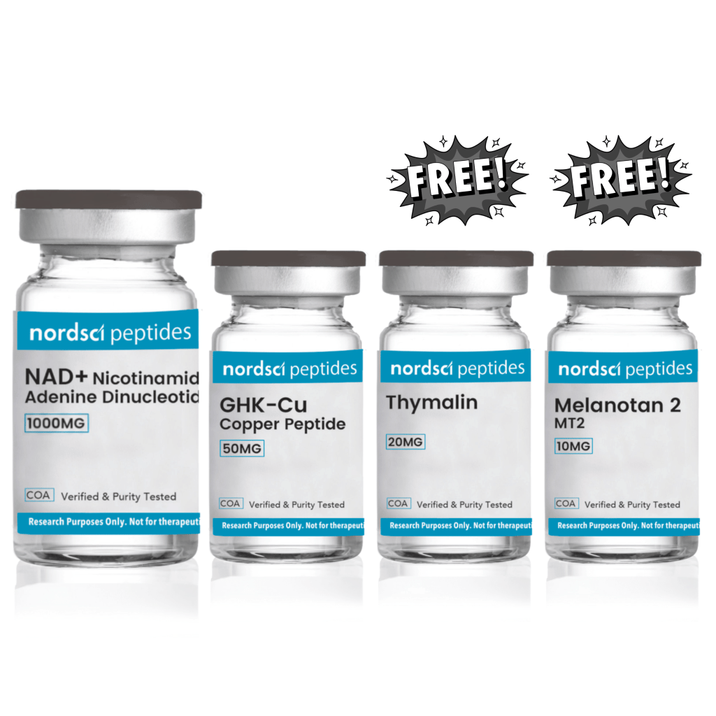 Four vials of Nordsci Peptides on a white background with 'FREE!' stickers.