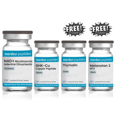 Four vials of Nordsci Peptides on a white background with 'FREE!' stickers.