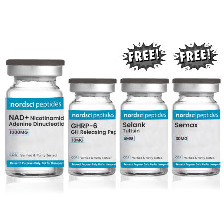 Four vials of Nordsci Peptides on a white background with 'FREE!' stickers.