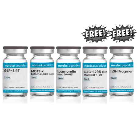 Five vials of Nordsci Peptides on a white background with 'FREE!' stickers.
