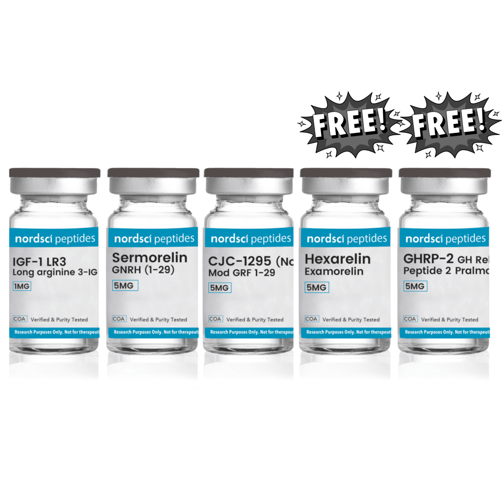 Six vials of nordsci peptides on a white background with 'FREE! FREE!' text above.