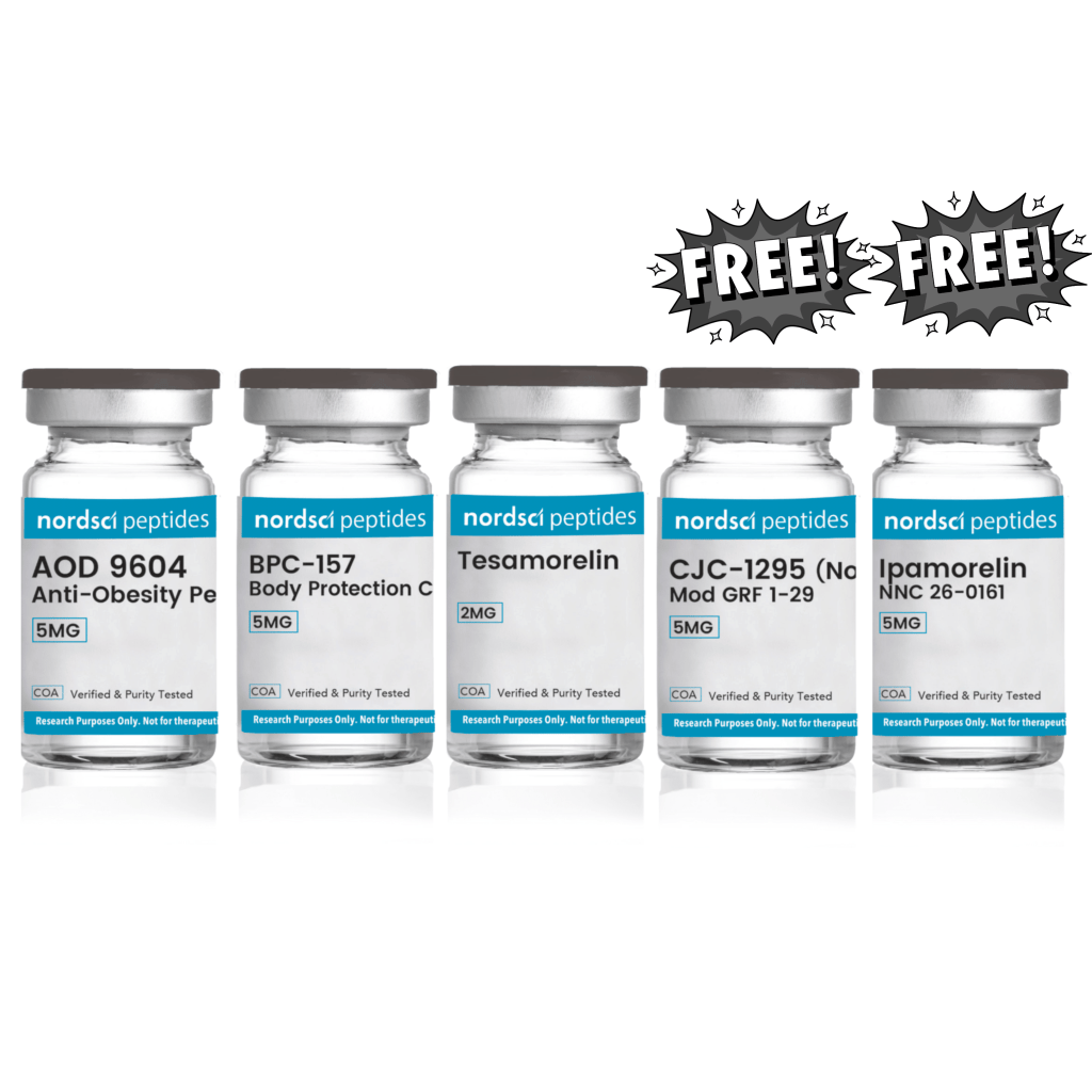 Five vials of Nordsci Peptides on a white background with 'FREE! FREE!' text above.